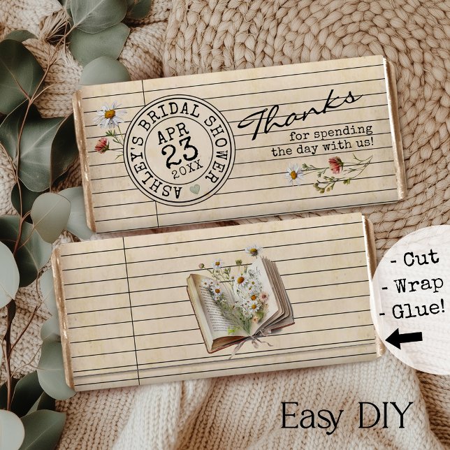 Böcker Bröllopsdusch Choklad Bar Förpackningsetike (Vintage library card books theme watercolor floral bridal shower DIY chocolate bar favor wrapper)