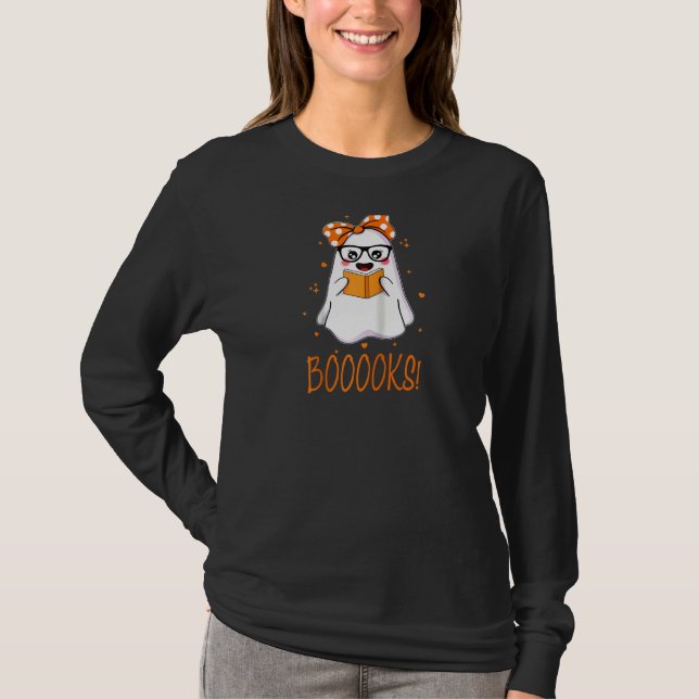 Böcker! Cute Ghost Reading Bibliotek Bokar Hallowe T Shirt (Framsida)