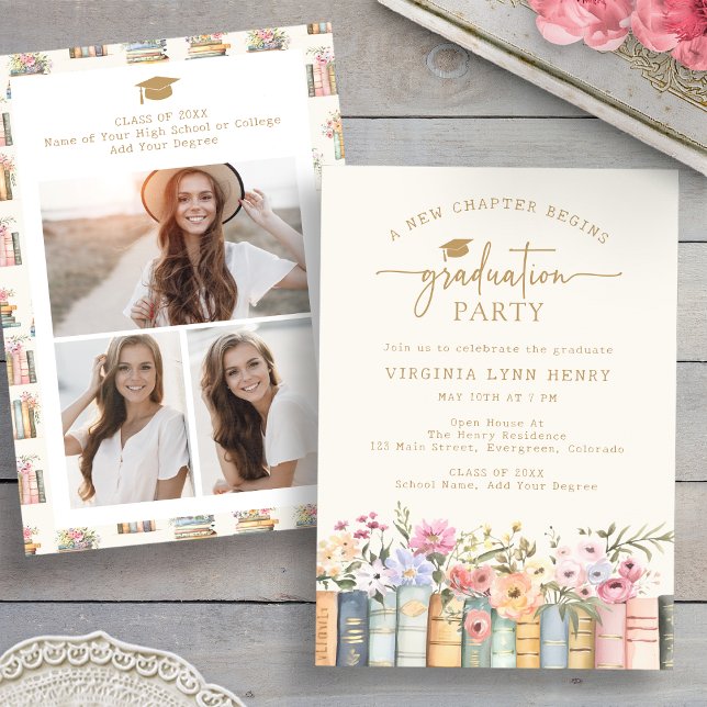 Böcker Examenstårtkalas Inbjudningar (Watercolor Floral Books Graduation Party Invitation with Photos by Painted Paperie
)