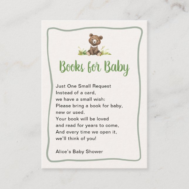 Böcker för Baby Söt Björn Bebis Shower Tilläggskort (Framsida)
