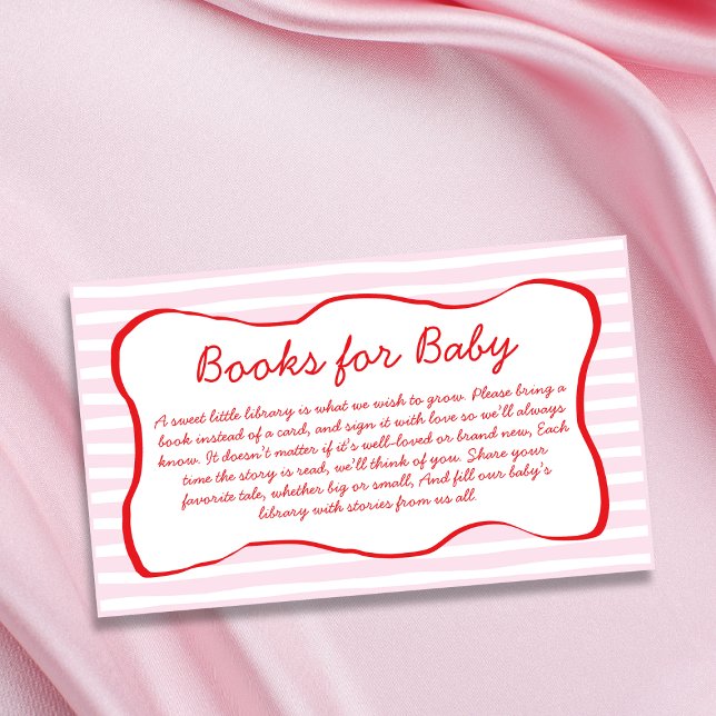 Böcker För Bebis Vågig Ram Rosa & Röd Bebisdopp Tilläggskort (Books For Baby Wavy Frame Pink & Red Baby Shower Enclosure Card)