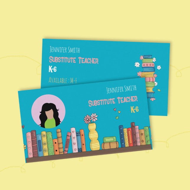 Böcker handledare teal visitkort med foto (Watercolor bookshelf teal double-sided teacher business card with photo .)