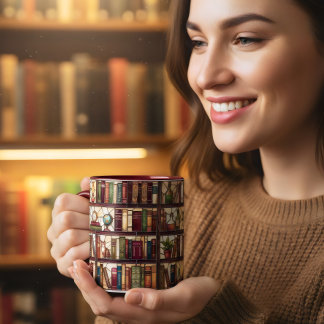 Böcker i glasmålning hylla kaffe bokälskare mugg