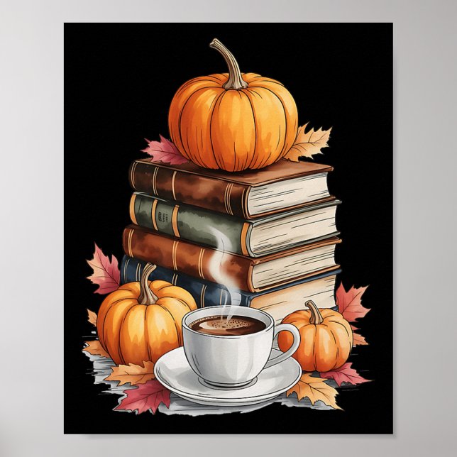 Böcker Kaffe Höstblad Och Pumpa Vintage Bibliotek Poster (Framsidan)