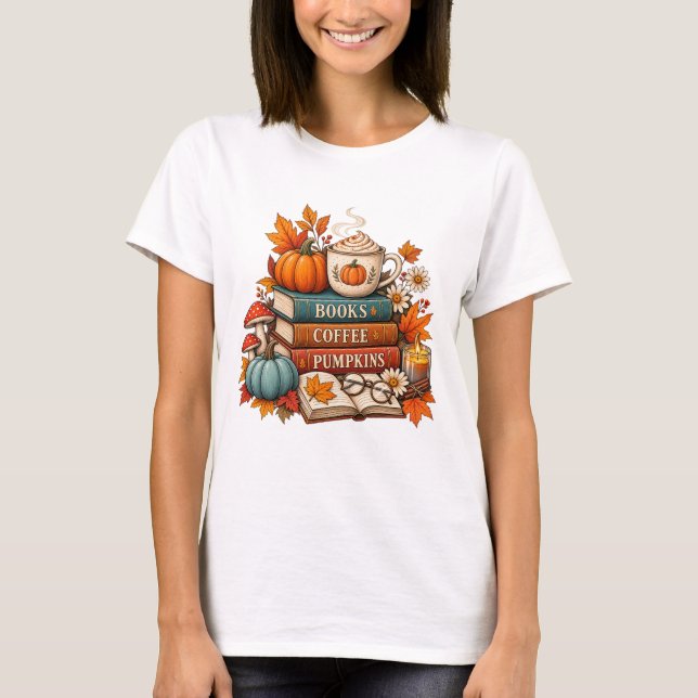 Böcker, Kaffe & Pumpa Höst T‑Shirt T Shirt (Framsida)
