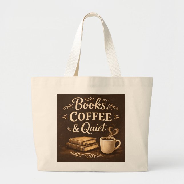 Böcker, Kaffe & Tystnad – Mörk Akademisk Bokälskar Jumbo Tygkasse (Framsidan)