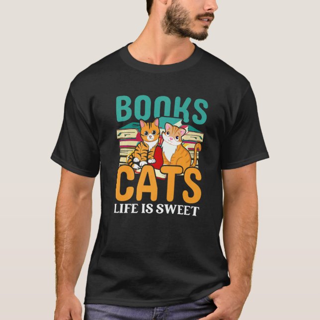 Böcker Katter Livet Är Sött Bok Läsare Bibliotek L T Shirt (Framsida)