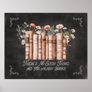 Böcker med blommor och citat på svart skrivtavla poster