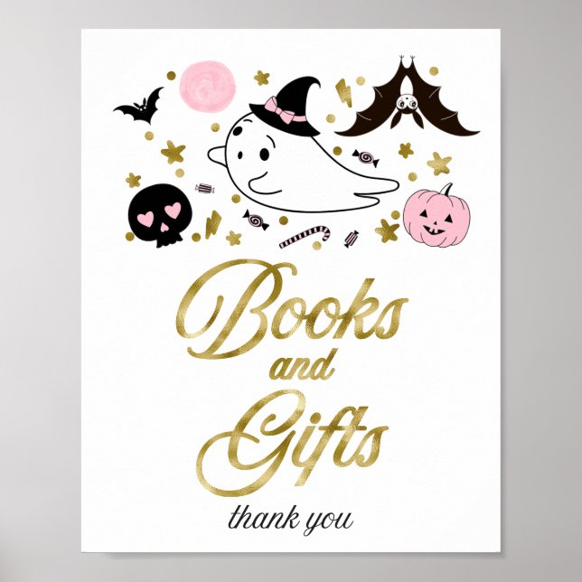 Böcker och presenter Halloween Baby Shower-skylt Poster (Framsidan)