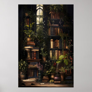 Böcker om botanik tryck, vintage bokhandel, mörk poster
