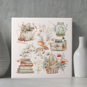 Böcker Svamp Blommig Whimsical Cottagecore Konst Kakelplatta