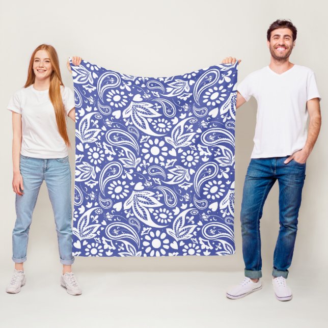 Boco Chic Classic Blue White Paisley Flower Heart Fleecefilt (På plats)