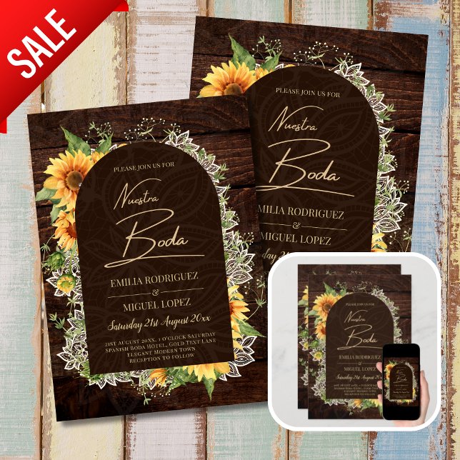 Boda de Girasoles de Madera Rústica Bilingüe Inbjudningar (Skapare uppladdad)