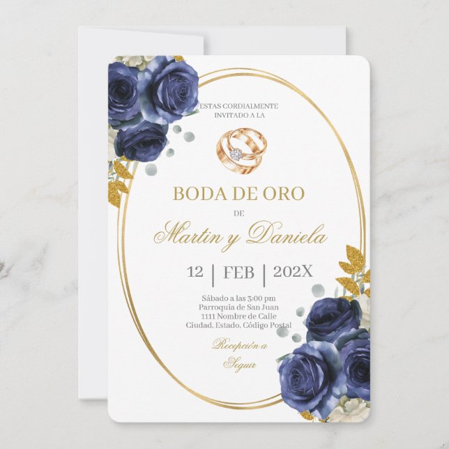 Boda de oro con boho azul inbjudningar (Framsida)