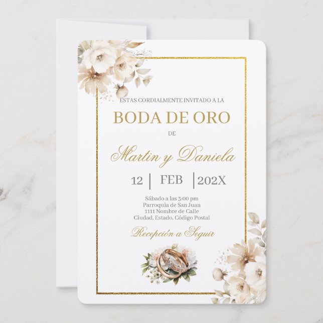 boda de oro con flor blanca inbjudningar (Framsida)