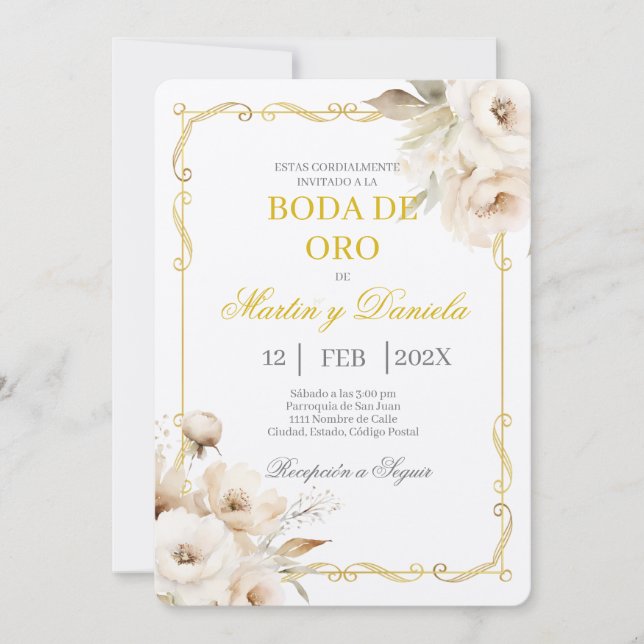 Boda de oro con flor blanca inbjudningar (Framsida)