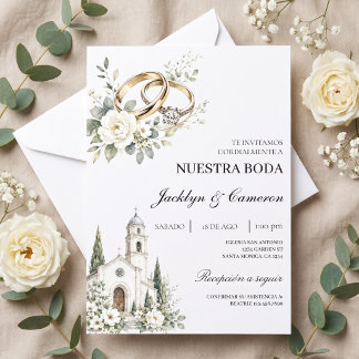 Boda elegant med kyrka, Förgyllda ringar Inbjudningar
