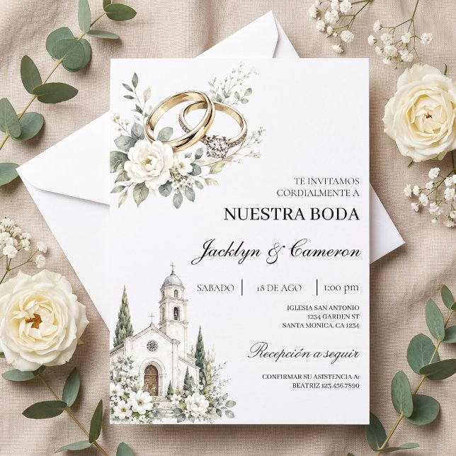 Boda elegant med kyrka, Förgyllda ringar Inbjudningar (Skapare uppladdad)