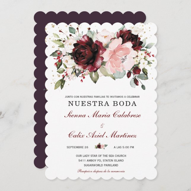 Boda en oro burdeos y rosa rubor inbjudningar (Fram/baksida)