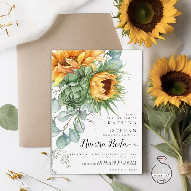 Boda española rústica de girasoles amarillos inbjudningar (Skapare uppladdad)