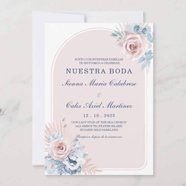 Bodas en azul empolvado y rosa rubor inbjudningar (Framsida)