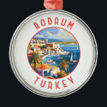 Bodrum Turkey Retro Distress Circle Julgransprydnad Metall<br><div class="desc">Bodrum-reflektorns rörelsemodell. Bodrum är en stad på Peninsulan Bodrum som sträcker sig från Turkiets sydvästra kusten till Egeiska havet. Staden har två fack med vyer av Bodrum Castle.</div>