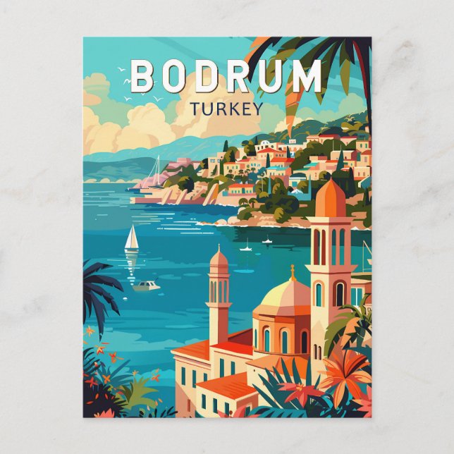 Bodrum Turkey Travel Art Vintage Vykort (Framsida)