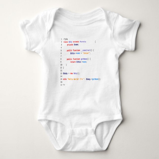 Body baby hello world php branco t shirt (Framsida)