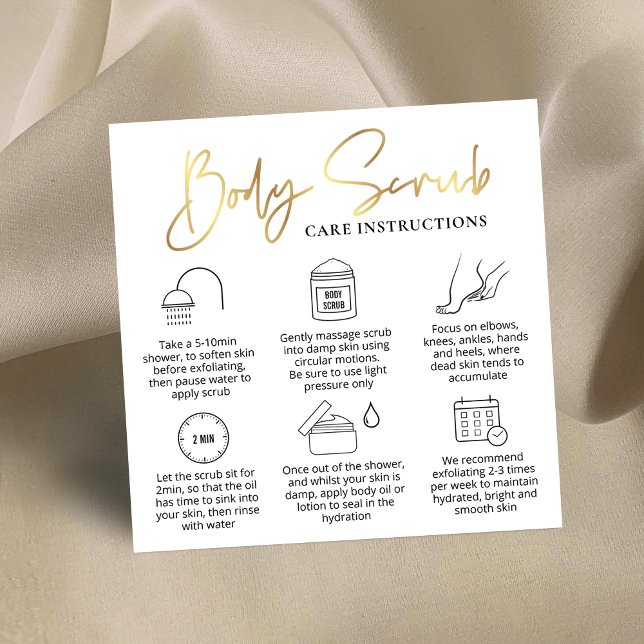 Body SCrub Application Guide White & Guld Logotyp Fyrkantigt Visitkort (Elegant Sugar Body Scrub care instructions cards with icons and faux gold effects)