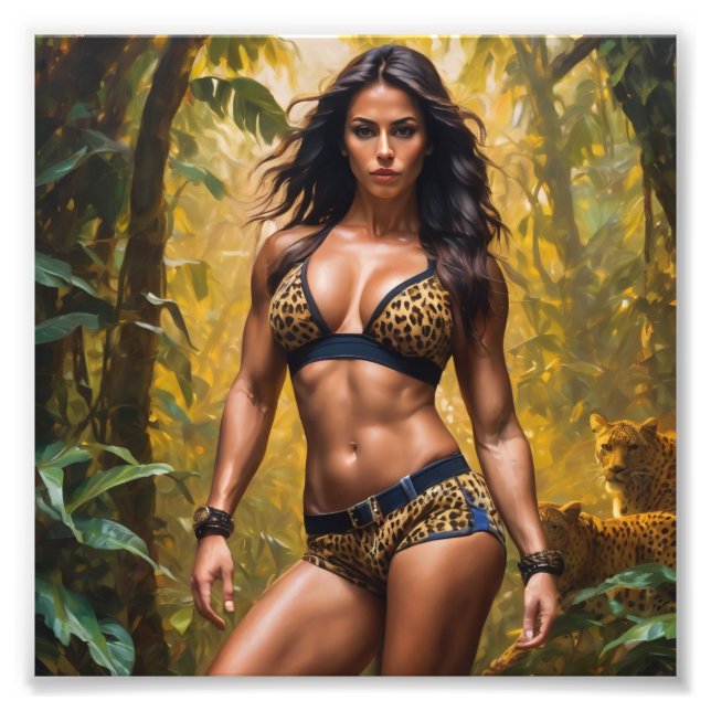 Bodybuilding in Leopard Skin Outfit in Rainforest Fototryck (Framsidan)