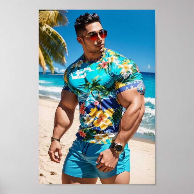 Bodybuilding Model på Hawaii Beach Poster (Framsidan)