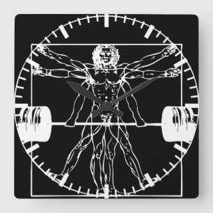 Bodybuilding - Vitruvian Barbell Man Fyrkantig Klocka