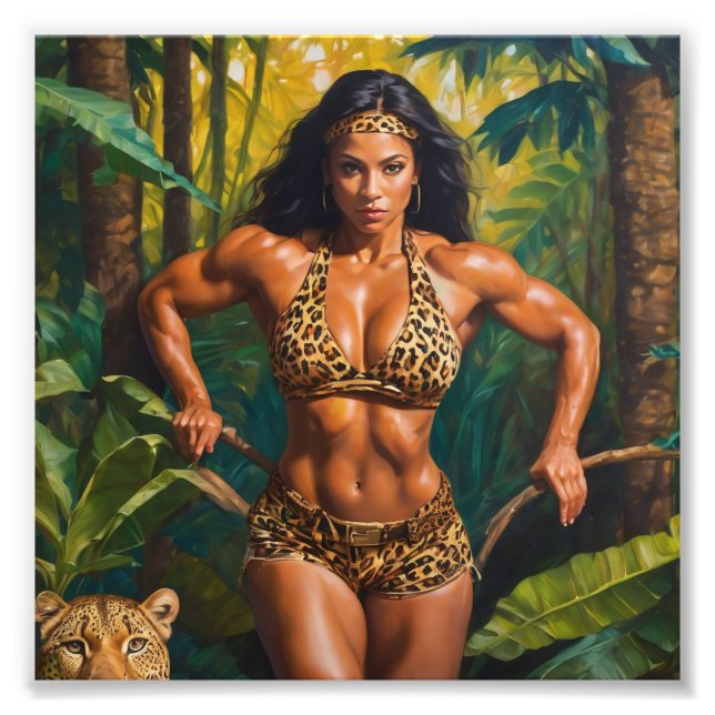 Bodybyggare i Leopard Outfit, omgiven av Jungle Fototryck (Framsidan)