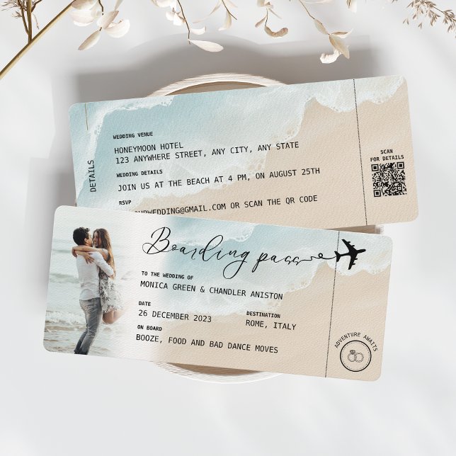 Boeach Boarding Pass Destinationsbröllop QR-kod Inbjudningar (beach boarding pass wedding invitation photo qr code)