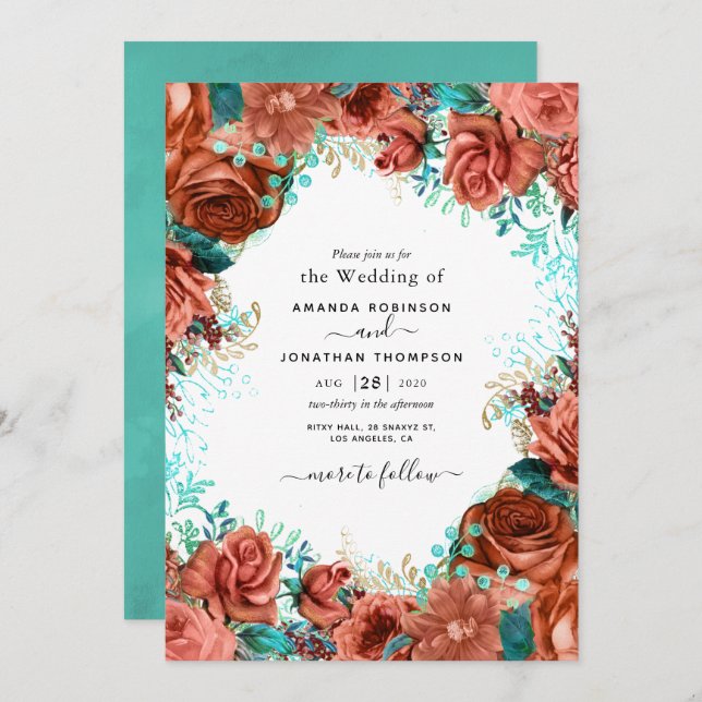 Boende Coral and Teal Wedding bjudande Inbjudningar (Fram/baksida)