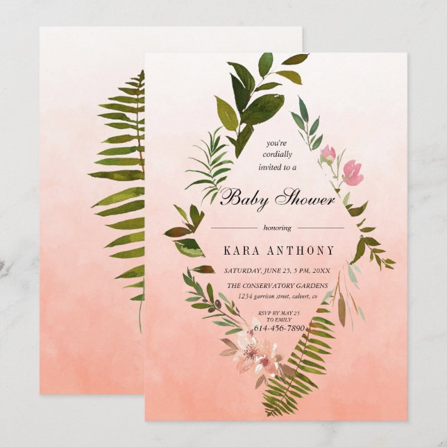 Boende Coral Ombre Forest Fern Baby Shower Inbjudningar (Fram/baksida)