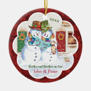 Bög, broder & broder i lag, snögubbear som julgransprydnad keramik