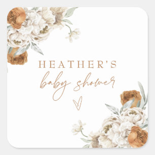 BOHEME Terracotta Blommigt Bohemian Baby Shower Fyrkantigt Klistermärke