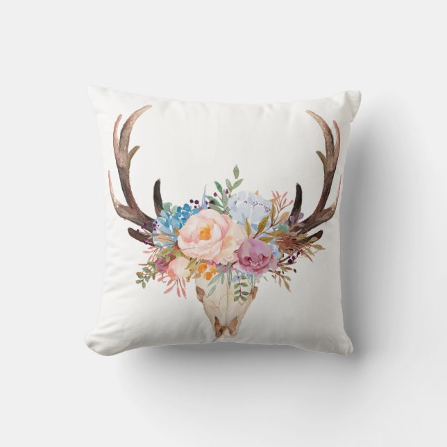 bohemi, skalle, antler, boho-blommigt kudde (Framsida)