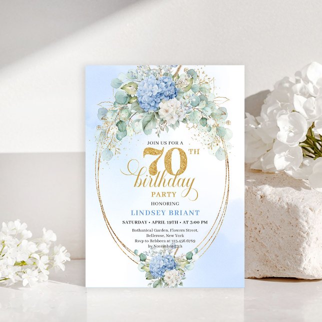 Bohemian 70th Birthday Blue Floral Gold Invitation Inbjudningar (Bohemian 70th Birthday Blue Floral Gold Invitation)