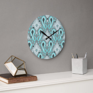 Bohemian Aqua Turquise Ikat Tribal Art Mönster Stor Klocka
