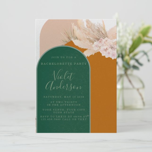 Bohemian Arch Pampas Grass Bachelorette Party Inbjudningar (Stående Fram)