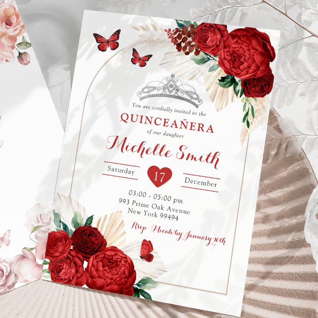 Bohemian Arch Röd ros Royal Quinceañera Inbjudningar (Skapare uppladdad)