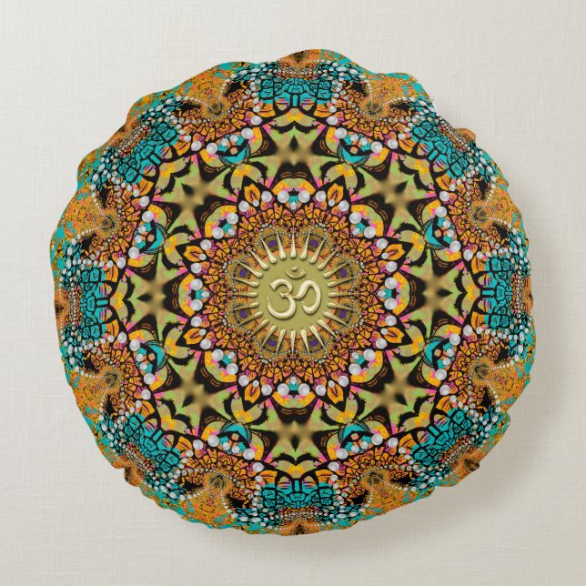 Bohemian Batik Mandala OM Yoga Round Cushion Rund Kudde (Baksidan)