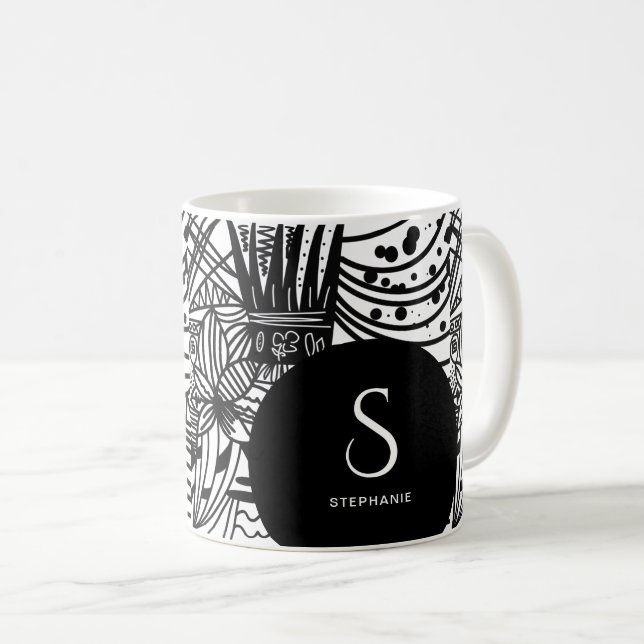 Bohemian Black and White Monnogrammed Kaffemugg (Framsida höger)