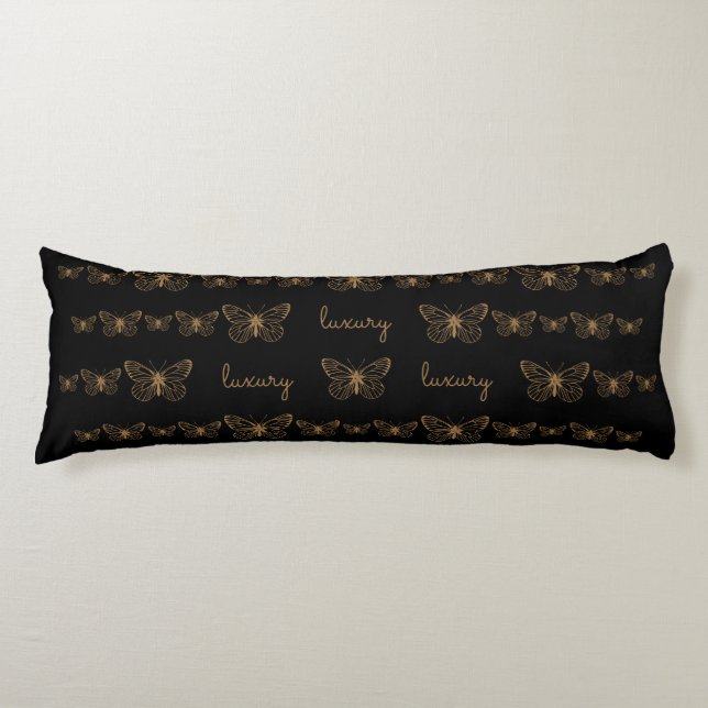 Bohemian Black Guld Luxury Butterflies Body Pillow Kroppskudde (Framsidan)