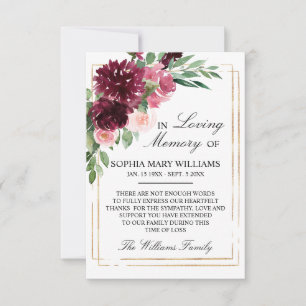 Bohemian Blommigt Burgundy Sympathy Memory Tack Kort