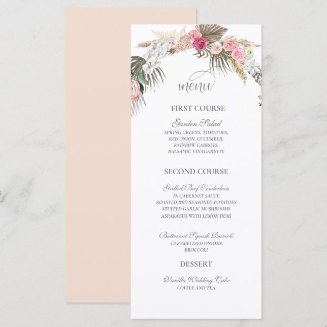 Bohemian Blommigt Ro Watercolor Boho Bröllop Meny (Fram/baksida)