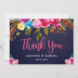 Bohemian Blommigt Rosa Navy Script Bröllop Tack Kort