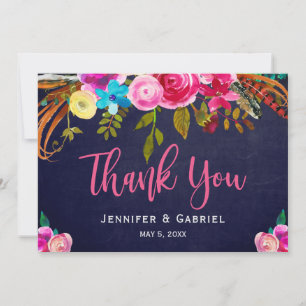 Bohemian Blommigt Rosa Navy Script Bröllop Tack Kort